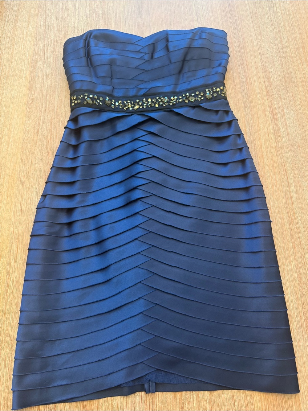 BCBGMaxAzria Strapless Navy Pleated Sheath Dress with Beaded Waist